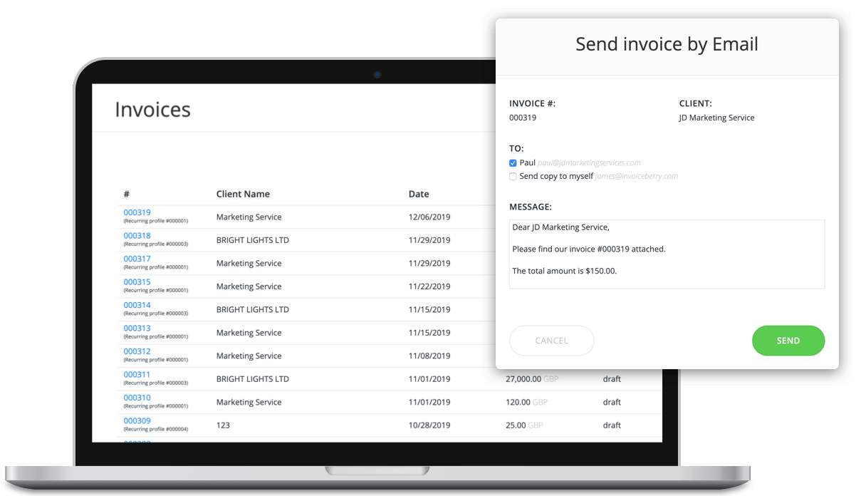 Invoices list inside of InvoiceBerry online invoicing software