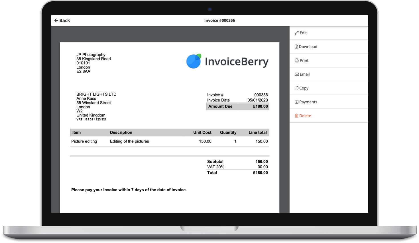 Before sending your invoices off, you should add in the payment terms and other information