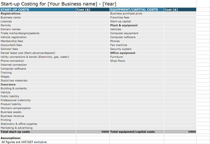 business plan estimate startup costs