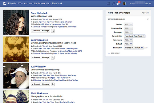 This is an example of a search result based on all friends living in New York