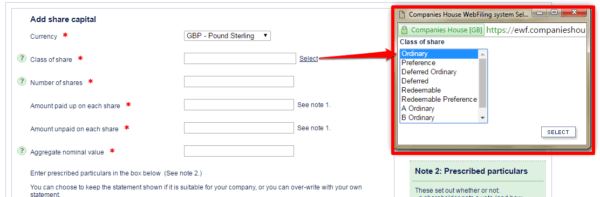 Companies House shares registration for UK limited company