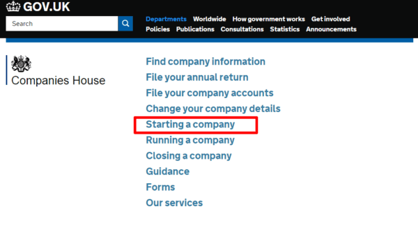 First, click on Starting a Company on the Companies House site