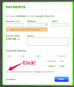 Add Payment: Click on "Send payment received message to customer"