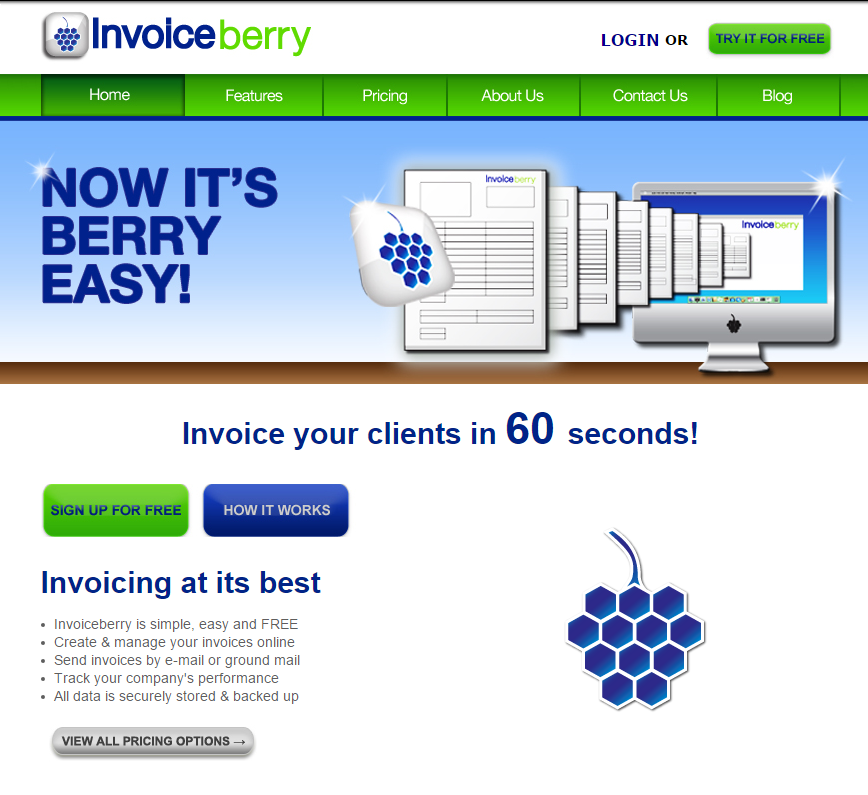 First website of our online invoicing software InvoiceBerry