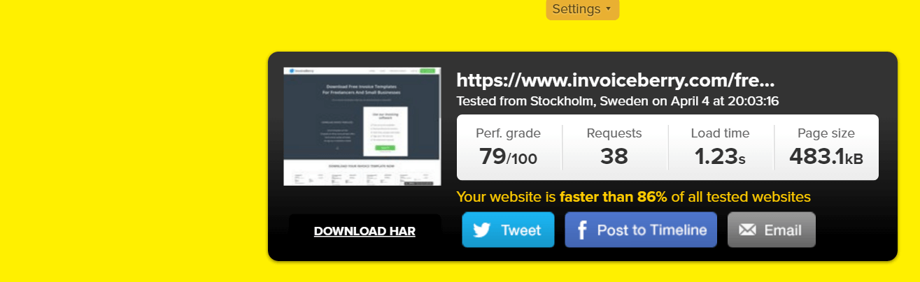 InvoiceBerry's Pingdom speed test results after a few adjustments.