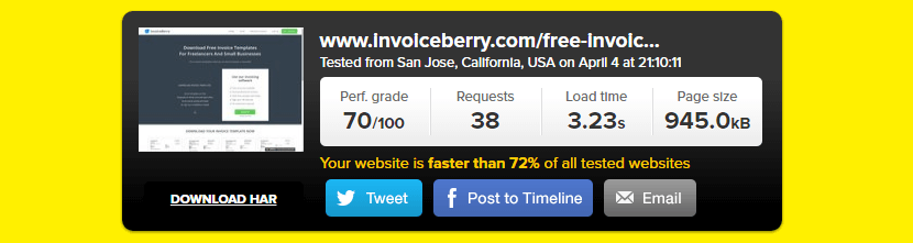 InvoiceBerry's Pingdom speed test results before adjustments.