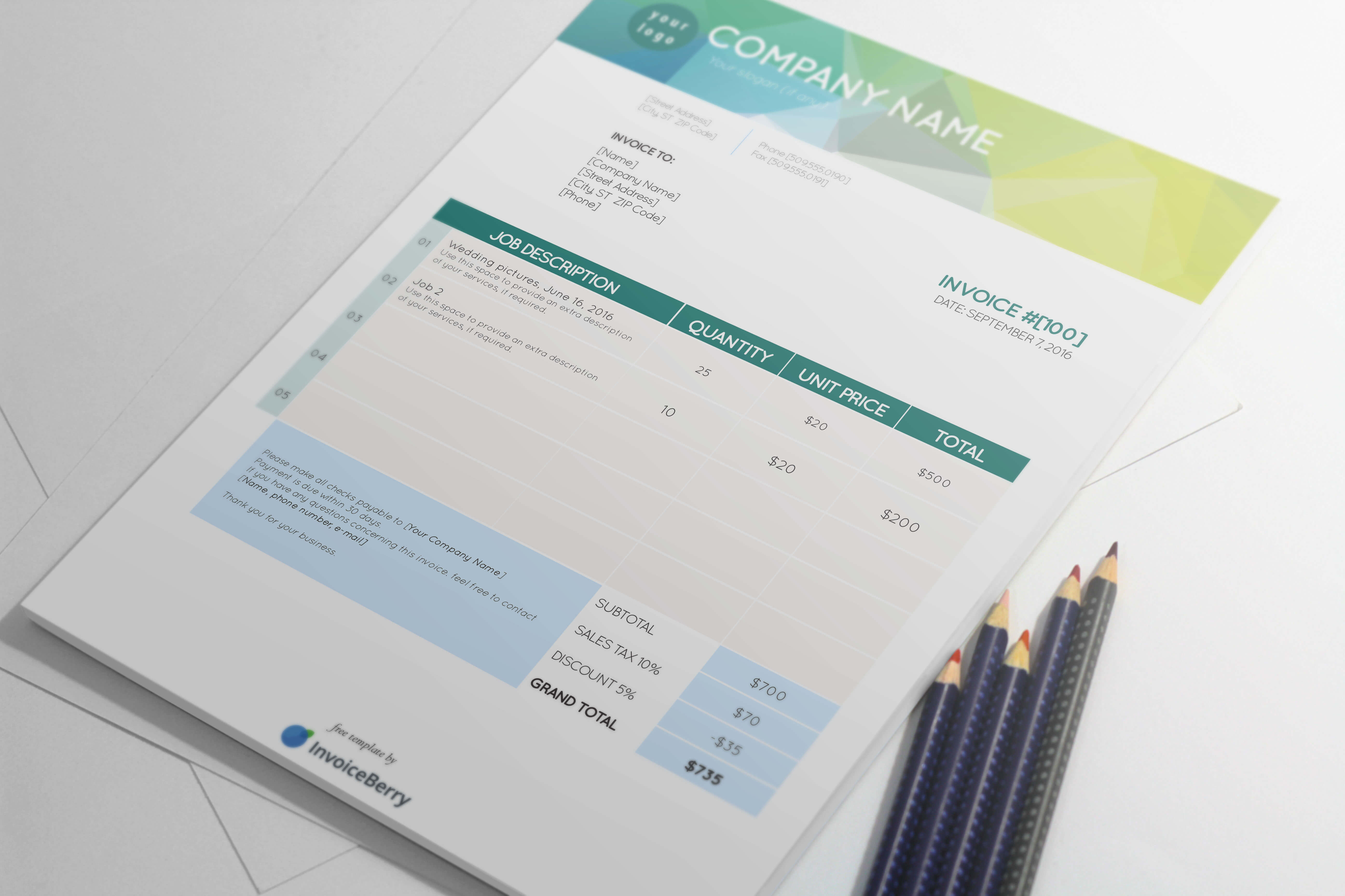 Our Lime on Ice free InDesign invoice template will present your clients with a cool, calm, and modern image that has a professional yet refined personality