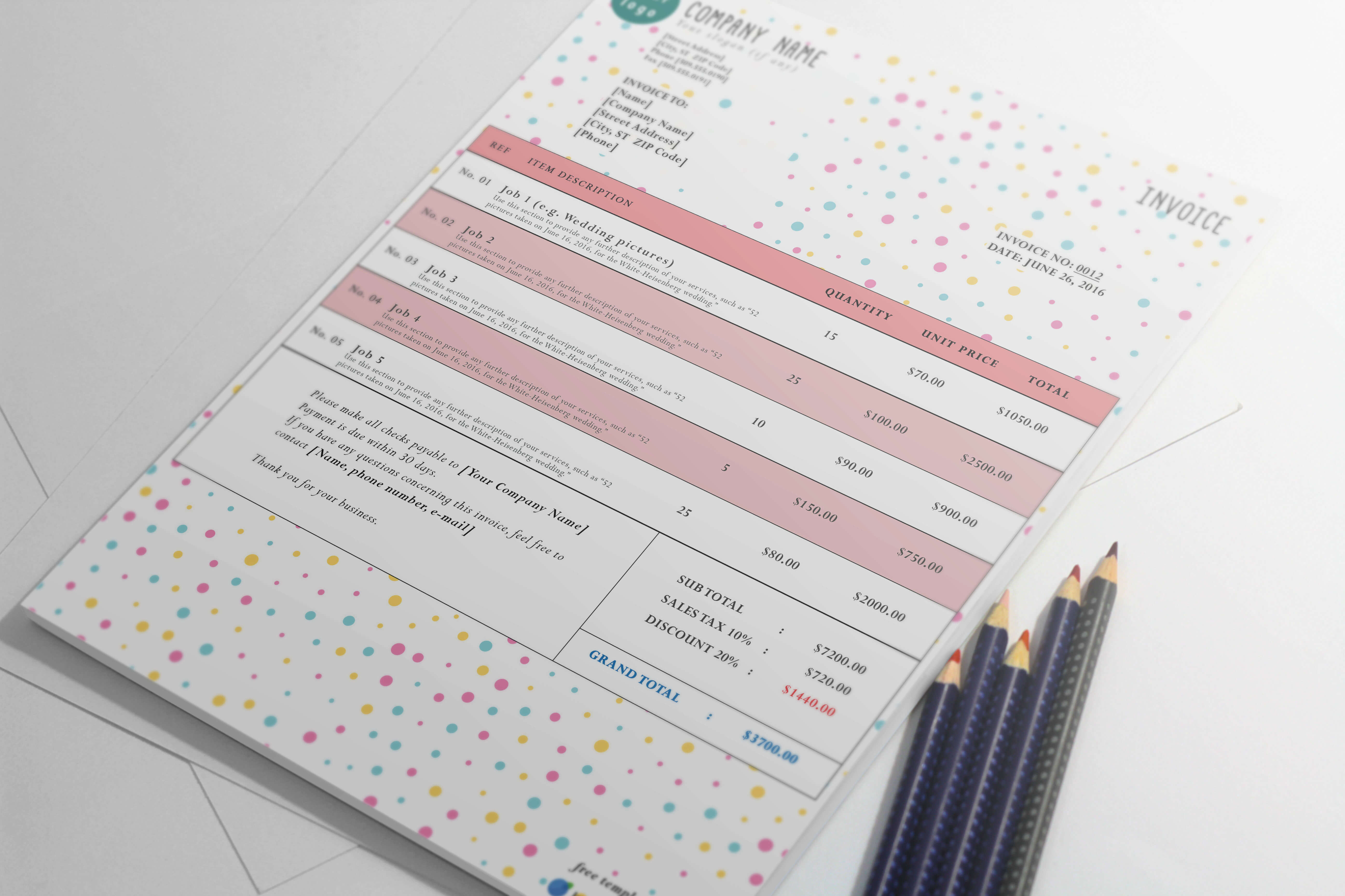 Our Colorful Dots free PSD invoice template shows off your professionalism with fun colors