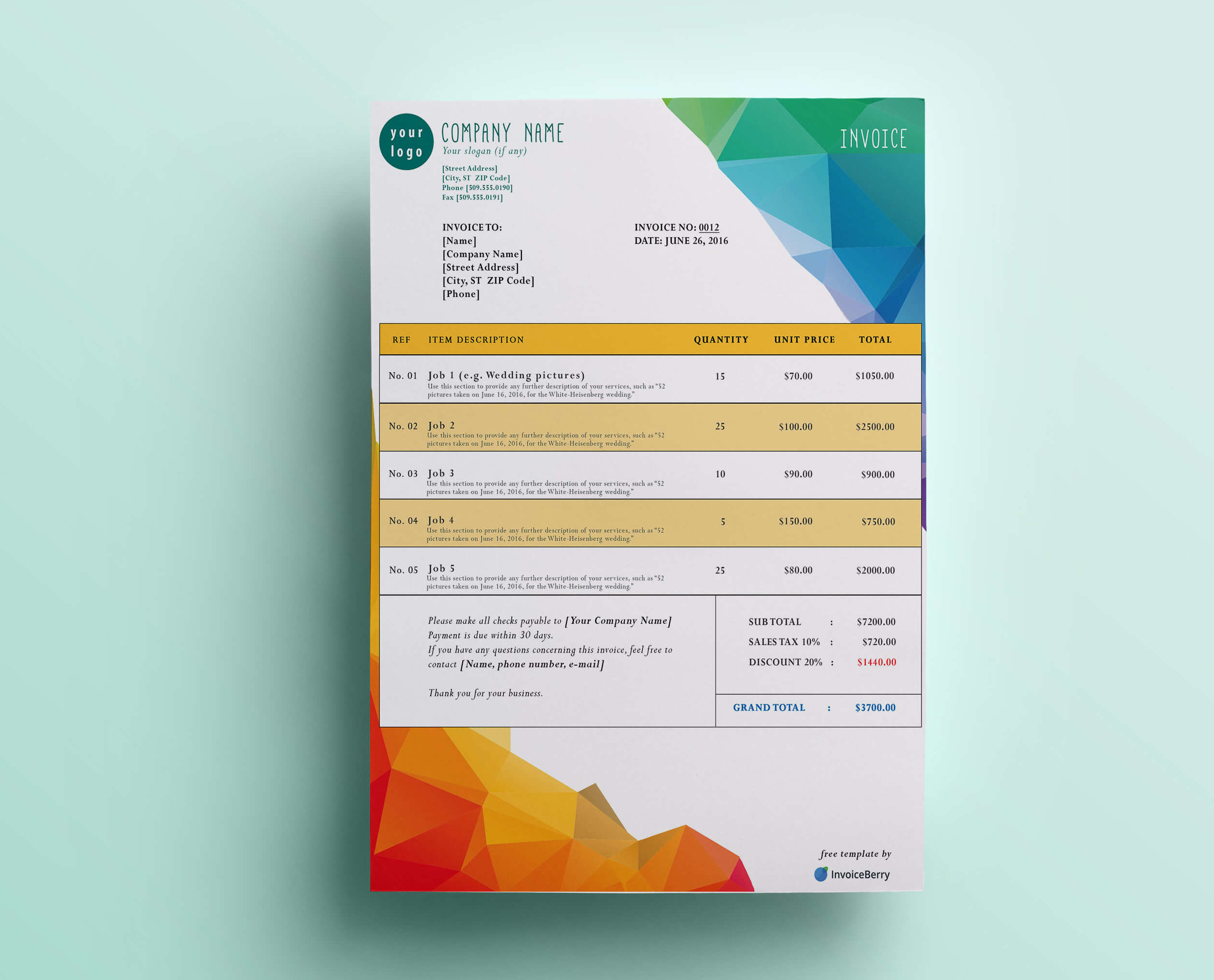 Our Polygon Mountain free GIMP invoice template will show off your colorful personality while keeping you professional