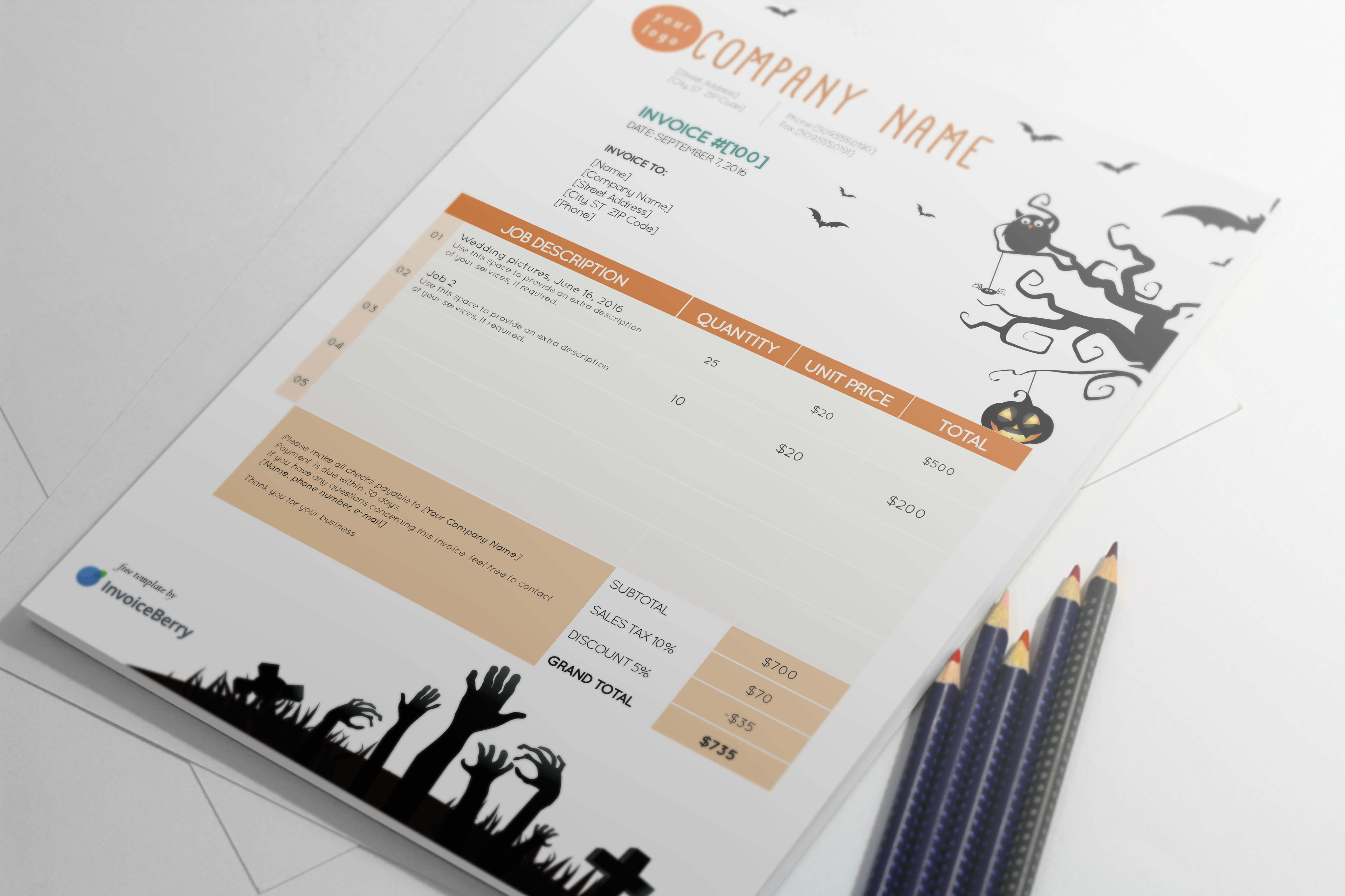 Lighten up your Halloween festivities with the fun and scary The Hills Are Alive Halloween invoice template