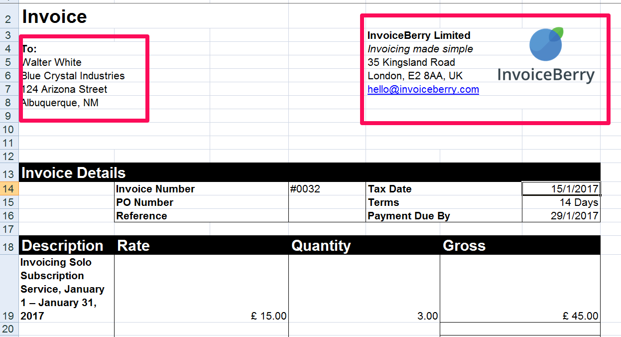 Include the details for your company and your client