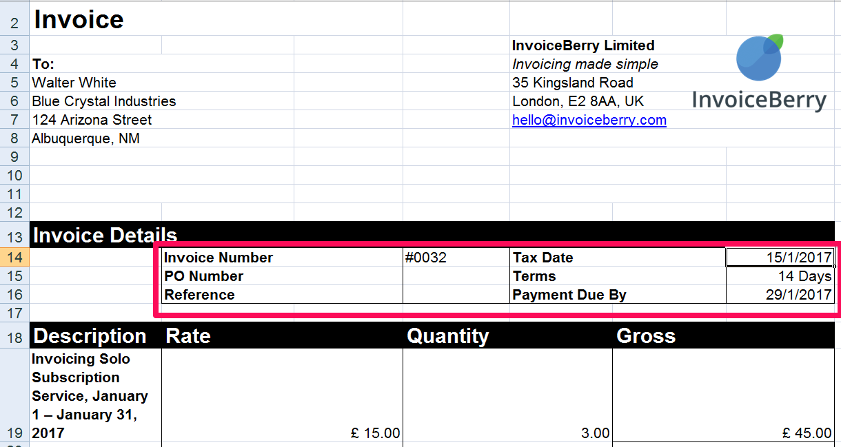 Add in the invoice number, due date and other information here