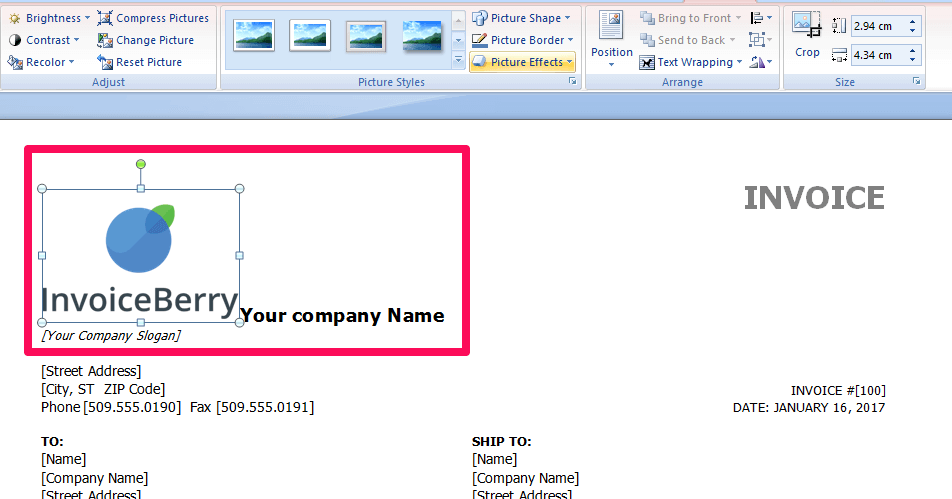 You will need to adjust your logo after you insert it into the Word invoice template