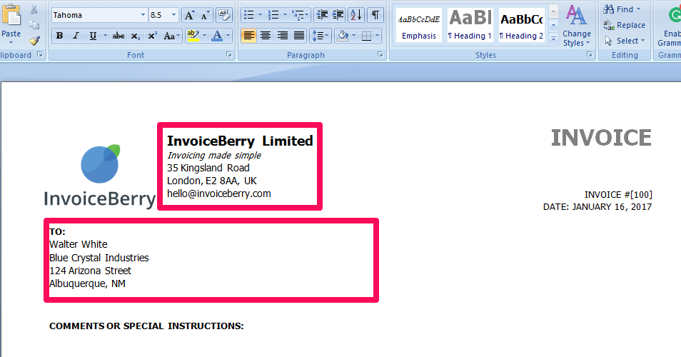 Now you can enter the details for your business and your client