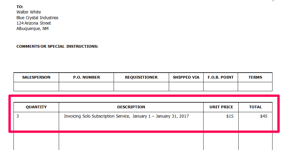 Now you should enter all the details for the product or service that was delivered to the client