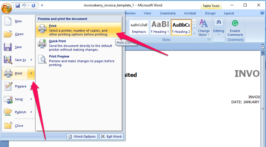You can choose to print your completed Word invoice