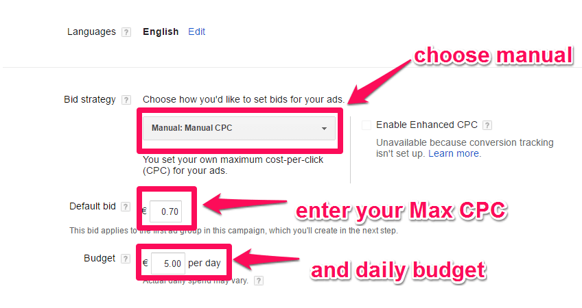 This is the part where you need to enter your Max CPC and budget