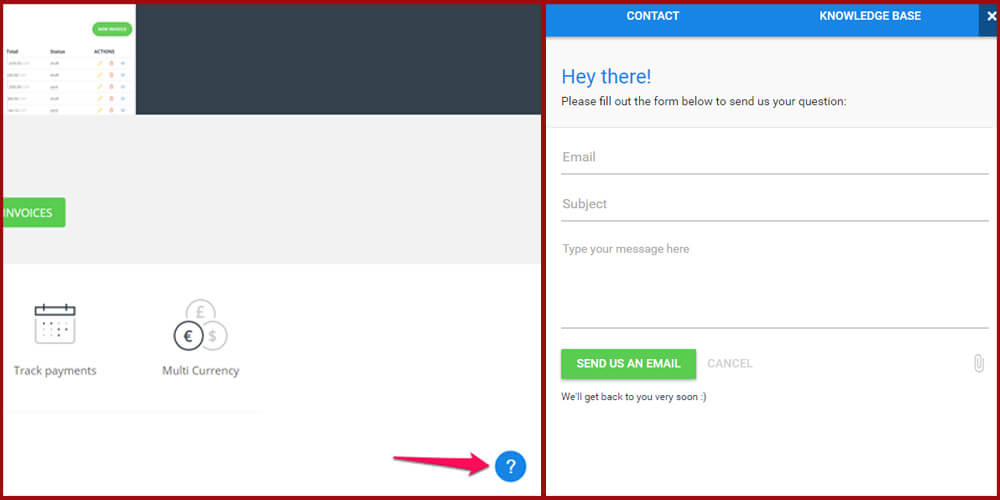 InvoiceBerry's live chat is activated when customers click on the question mark on our site