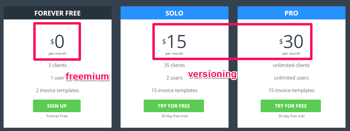 At InvoiceBerry we also offer a freemium/versioning pricing to provide more options for our customers