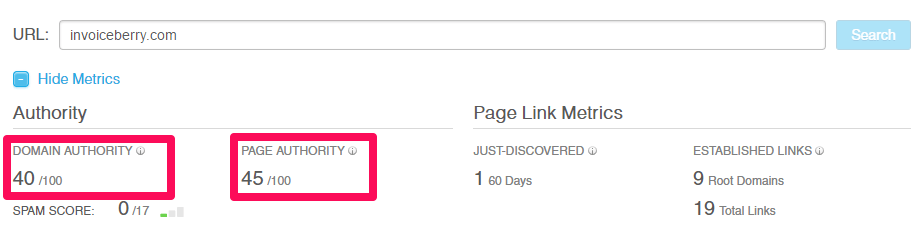 Here you can see InvoiceBerry's DA and PA from Moz's Open Site Explorer