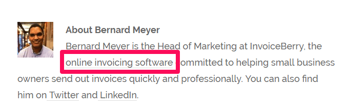Here's an example of anchor text on the term "online invoicing software" on a guest post for Millo.co