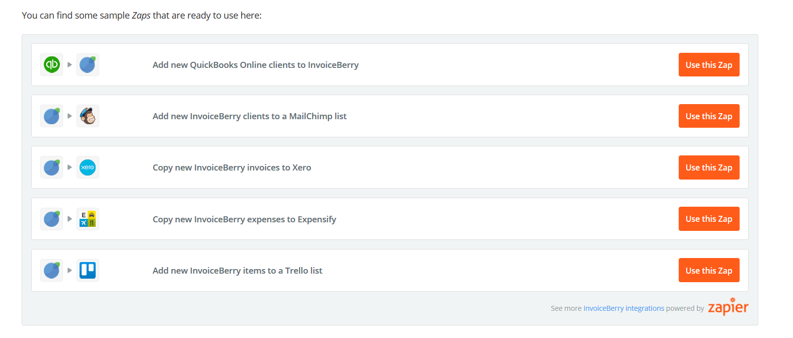 Available software through Zapier integration on InvoiceBerry.