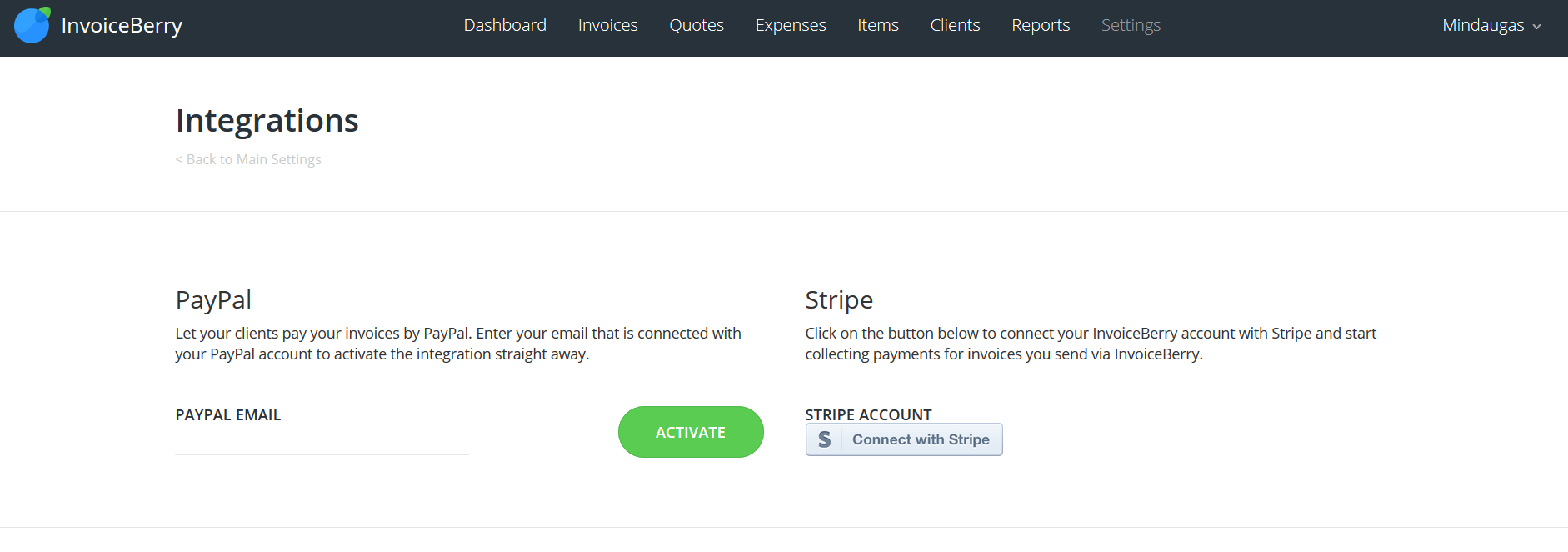 Integration dashboard takes you to all the new functions InvoiceBerry.