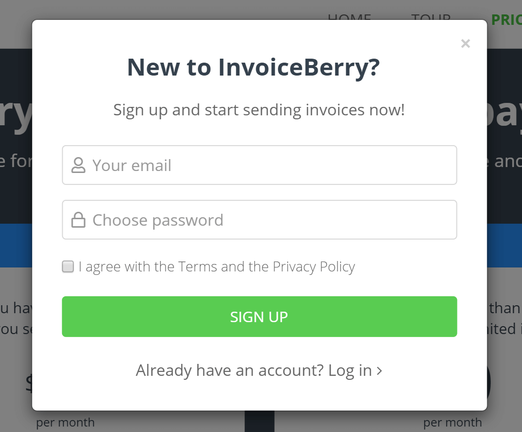 Before invoicing clients, you need to signup for Invoiceberry