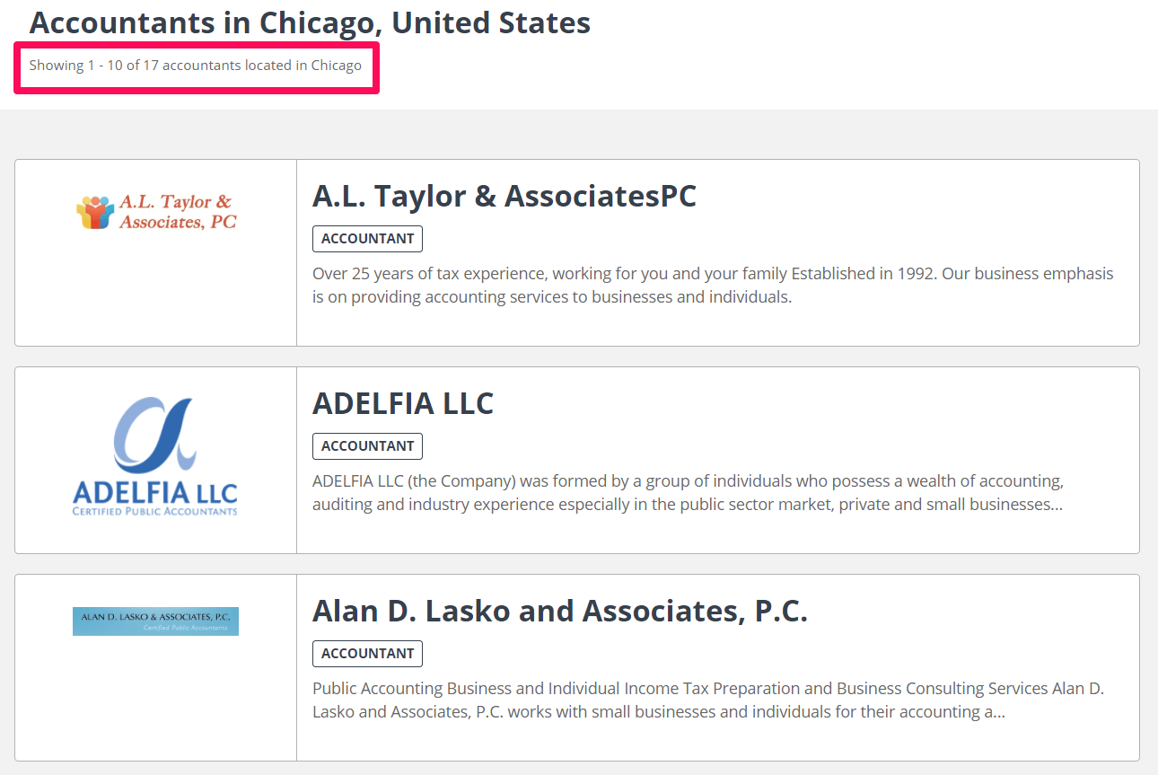 Accountant directory listing firms in Chicago.