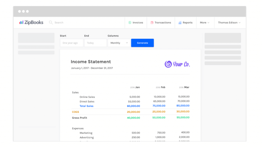 zipbooks income statement example