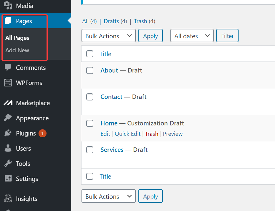 wordpress blog pages