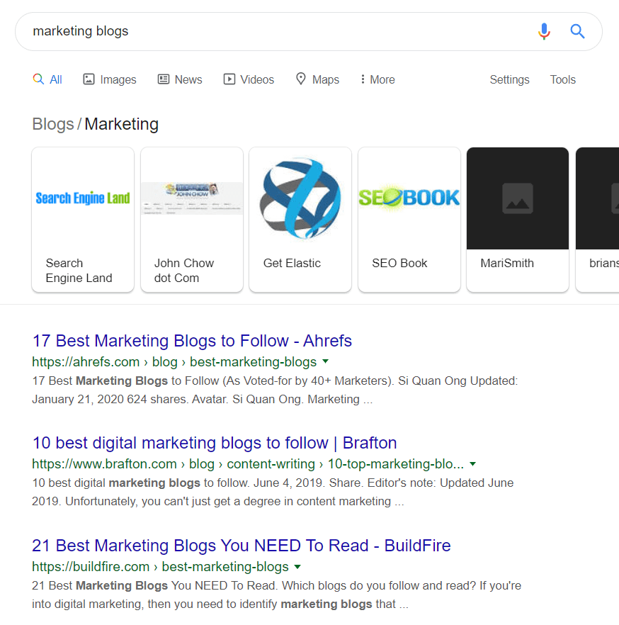 marketing blogs google search