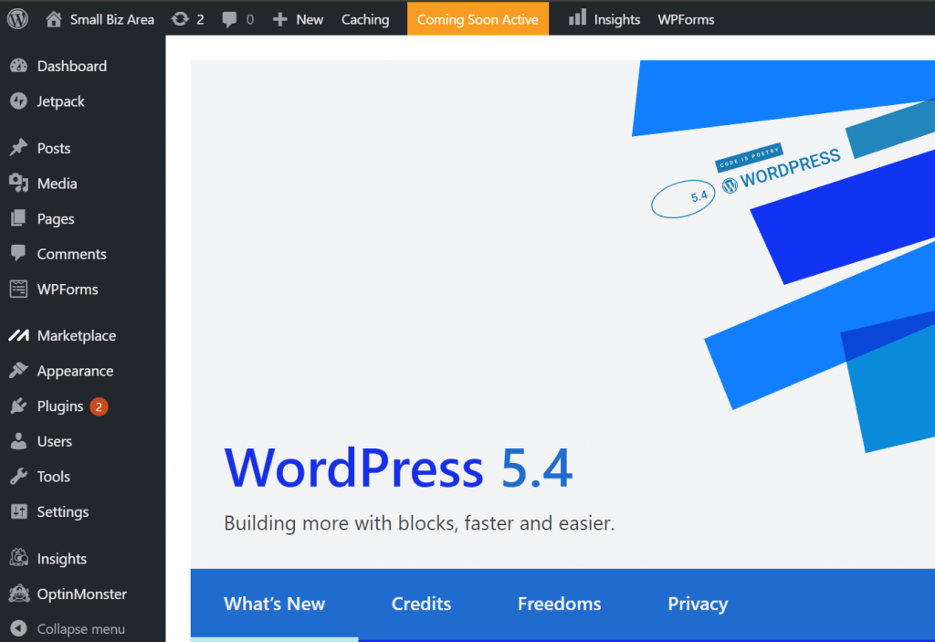 wordpress dashboard page