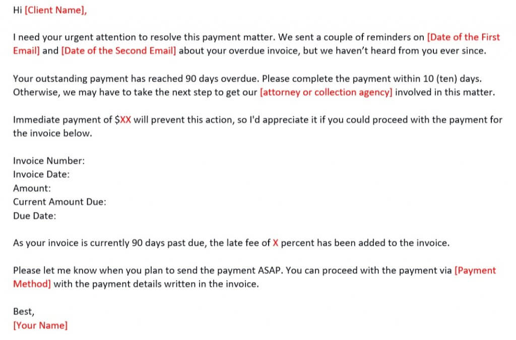 Email Reminder Template on Late Payment for More Than 90 Days