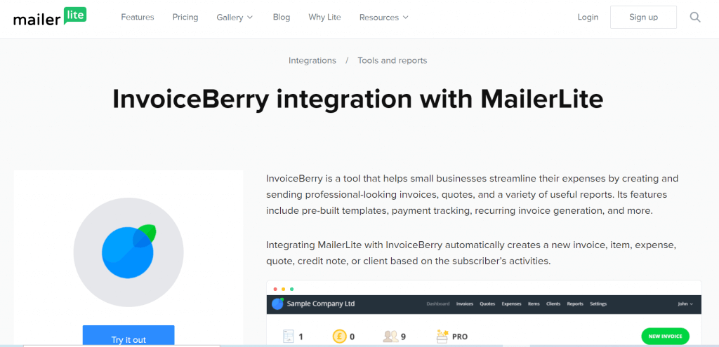 invoiceberry integration with mailerlite