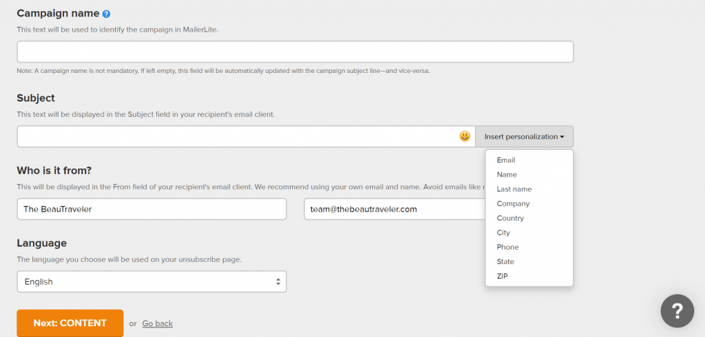 set up your campaign detail on mailerlite