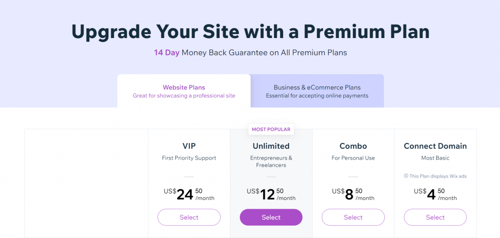 Wix Premium Plans