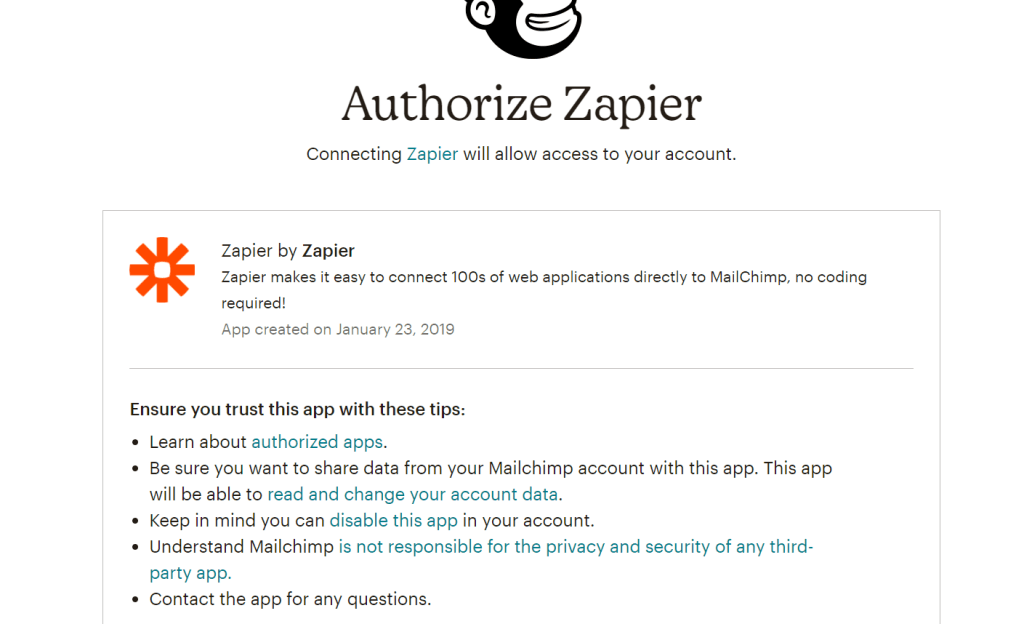Mailchimp authorization on Zapier. 