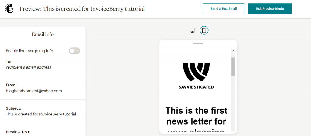 Preview page on Mailchimp. 