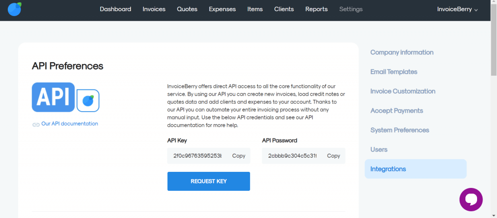 Where to Find API Key on InvoiceBerry.