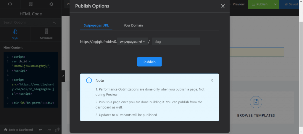 add the URL name on your swipe pages website