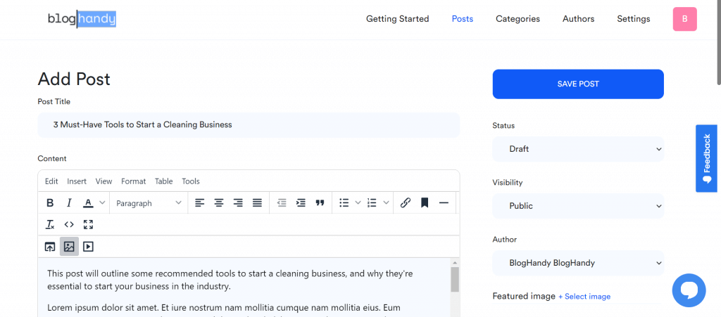 blog page editor on bloghandy