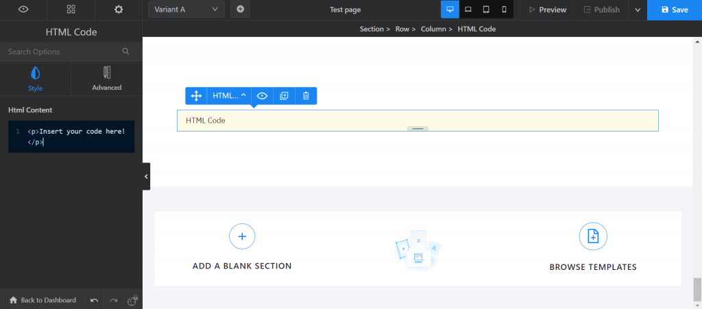 HTML code on swipe pages website