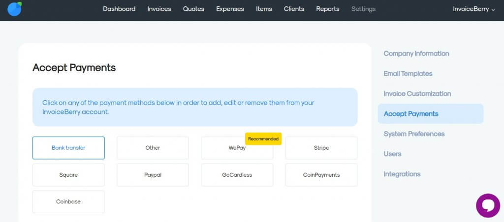 accepting online payment on invoiceberry