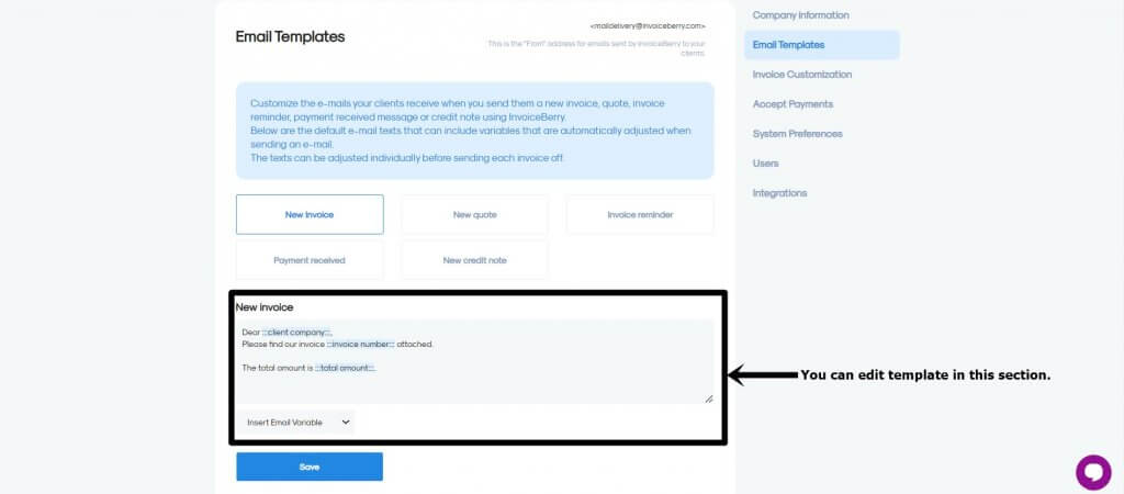 how to edit email templates on invoiceberry
