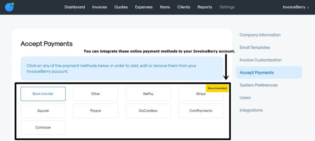online payment integration on invoiceberry