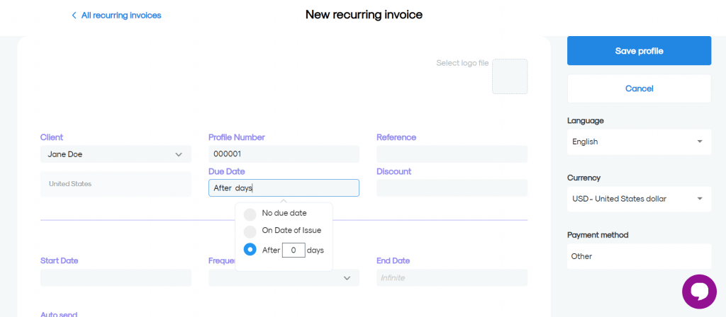 set the due date on invoiceberry recurring invoice