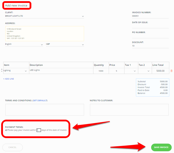 how to add payment terms invoices quotes invoiceberry invoice terms