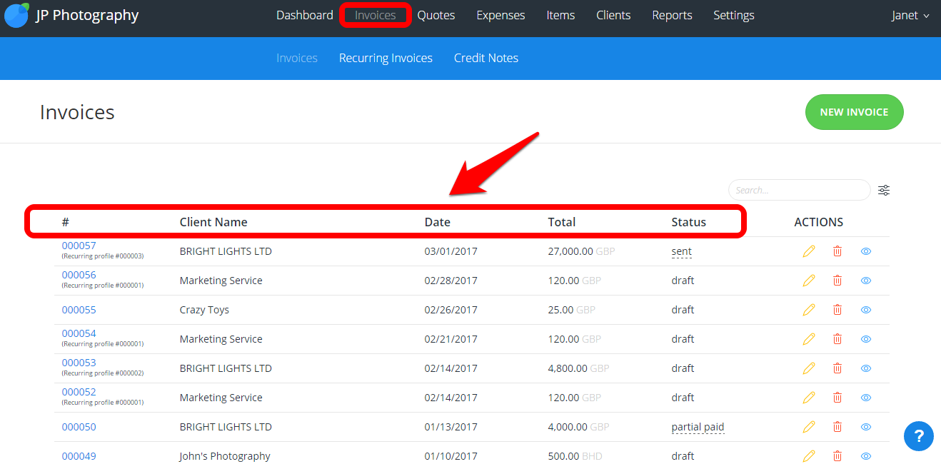 how can i sort my invoices by number date client name invoices