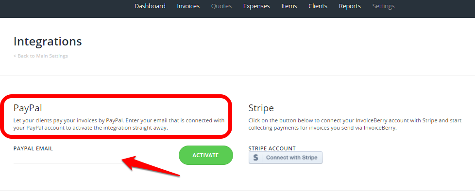 how can i integrate my invoiceberry account with paypal account